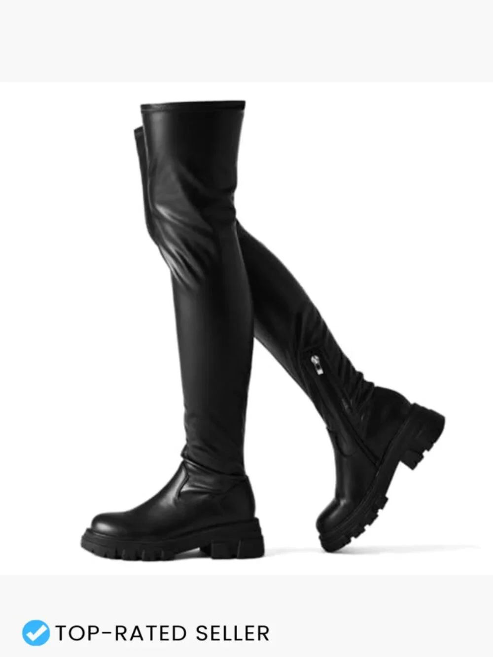 Over the Knee Boots Chunky Heel Platform Stretchy Faux Leather Lug Sole